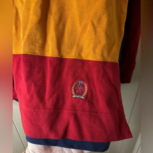 Vintage 90s Tommy Hilfiger Long Sleeve Rugby Polo Sz Large Yellow Blue Striped - Picture 4 of 5